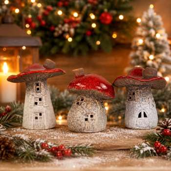 Weihnachtsdeko Pilzhäuser – 3er-Set in Rot & Weiß