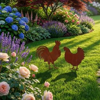 Preview: Rost-Deko Gartenstecker „Hahn & Henne“ – Landhaus-Charme für Ihren Garten