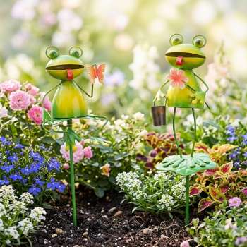 Schöner Gartenstecker Frosch mit Blume ca. 84 cm - Gartendekoration
