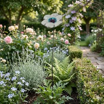 Zauberhafter Gartenstecker Glasblume weiß mit lila Rand - ca. 100 cm - Gartendekoration