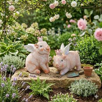 Ein echtes Deko-Highlight: Das fliegende Schweineduo mit Flügeln und königlichem Charme!
