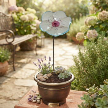 Zauberhafter Gartenstecker Glasblume weiß mit lila Rand - ca. 100 cm - Gartendekoration