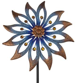 Preview: Dekoratives Windrad 6519 „Blüte“ in Blau & Kupfer – stilvoller Blickfang für Ihren Garten