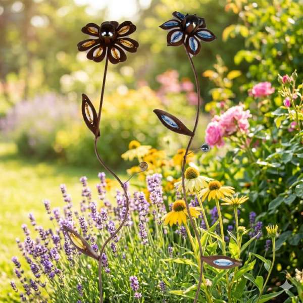Bezauberndes 2er Set Gartenstecker Blume blau / gelb