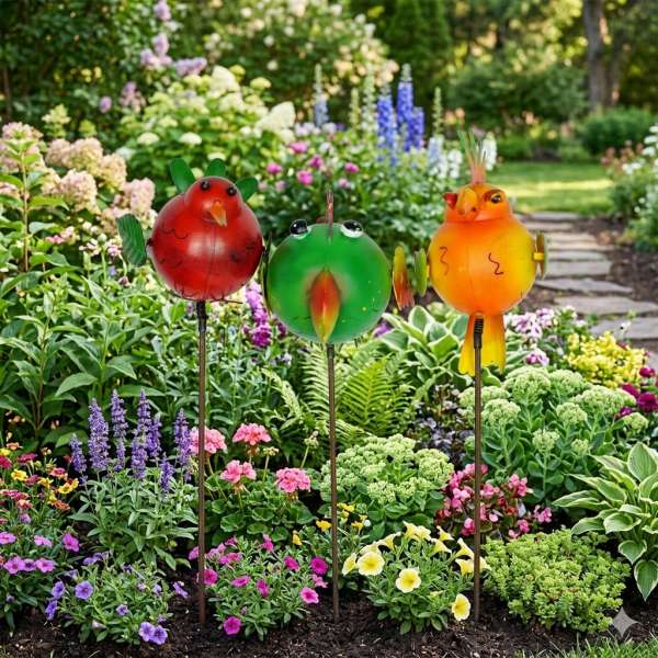 3er Set Bunte Gartenstecker fliegende Tiere hell ca. 80 cm - Gartendekoration