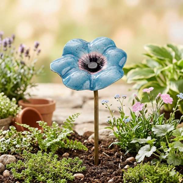 Zauberhafter Gartenstecker Glasblume hellblau -  ca. 100 cm - Gartendekoration