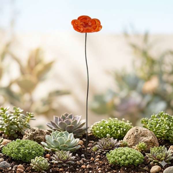 Zauberhafter Gartenstecker Glasblume orange mit rot-gelben Streifen - ca. 100 cm - Gartendekoration
