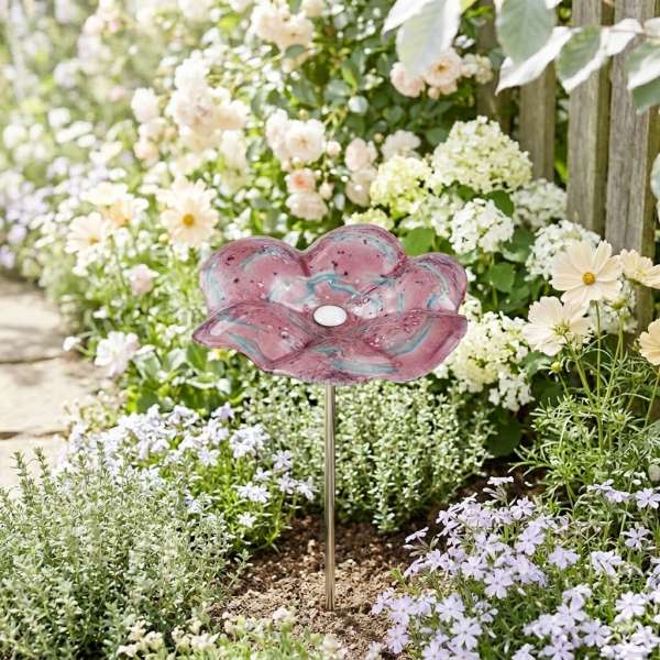 Zauberhafter Gartenstecker Glasblume rosa mit blau-weißen Streifen ca. 100 cm - Gartendekoration