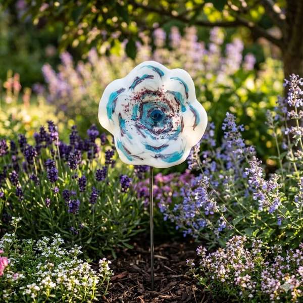 Zauberhafter Gartenstecker Glasblume weiß mit blau-lila Streifen - ca. 100 cm - Gartendekoration