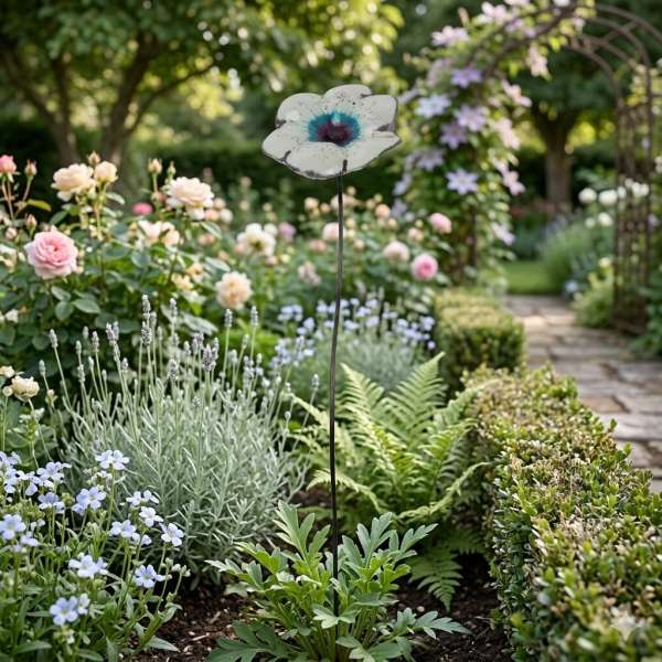 Zauberhafter Gartenstecker Glasblume weiß mit lila Rand - ca. 100 cm - Gartendekoration