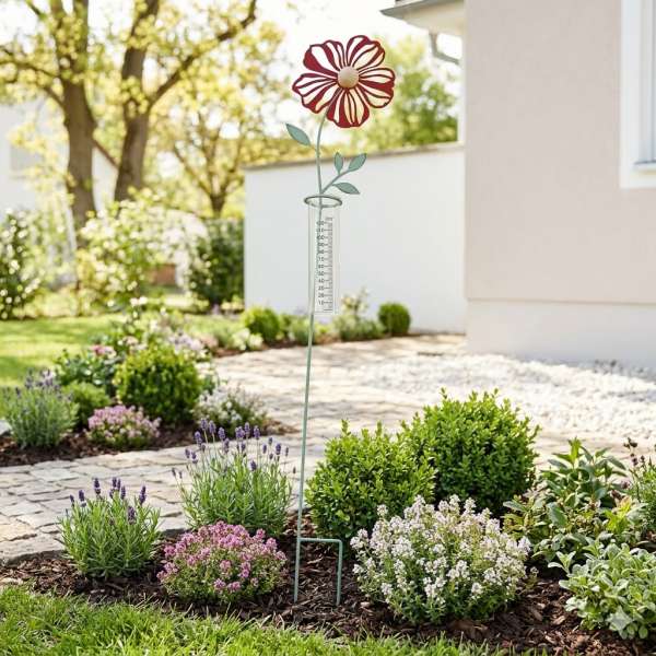 Dekorativer Regenmesser „Rote Blume“ – Ein farbenfroher Blickfang für Ihren Garten