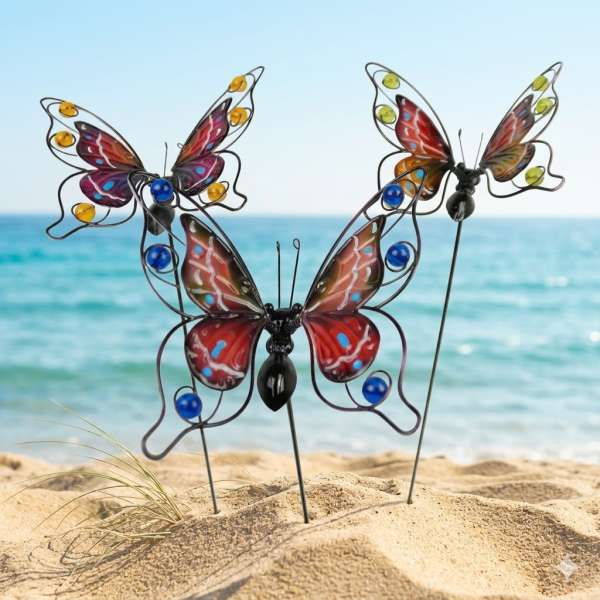 3er Set Farbenfrohe Gartenstecker Schmetterlinge Admiral ca. 55 cm - Gartendekoration