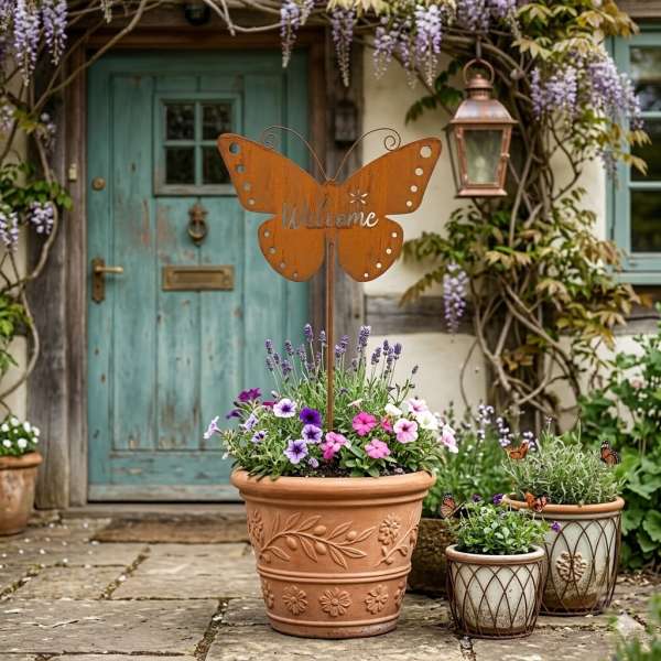 Wundervoller Gartenstecker Schmetterling Welcome