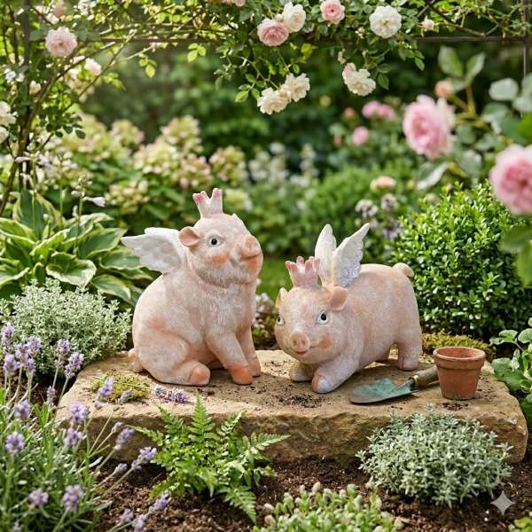 Ein echtes Deko-Highlight: Das fliegende Schweineduo mit Flügeln und königlichem Charme!
