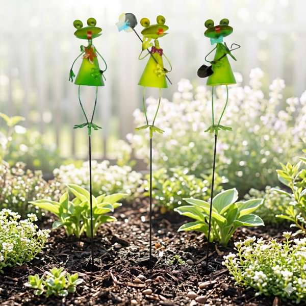 3er Set Schöne Gartenstecker Frösche dünn ca. 90 cm - Gartendekoration