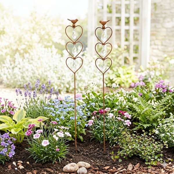 2er Set Lieblicher Gartenstecker Herzen mit Steinchen und Vogel ca. 100 cm - Gartendekoration