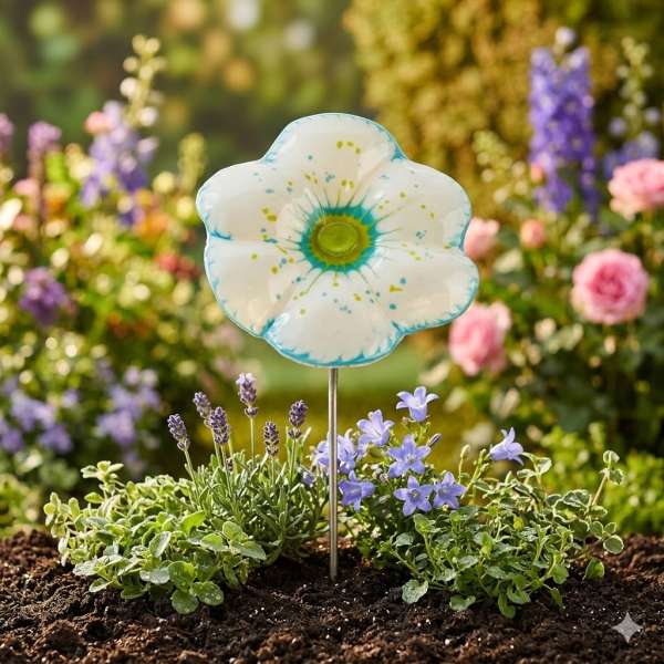 Zauberhafter Gartenstecker Glasblume weiß mit blauem Rand ca. 120 cm - Gartendekoration
